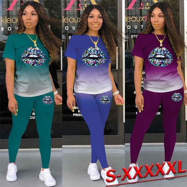 Summer Women's Casual Sports Yoga Fitness Athletic Sets Fashion Gradient T-shirt + Trousers Women's Short Sleeve Tracksuit Sportwear Two Piece Sets O