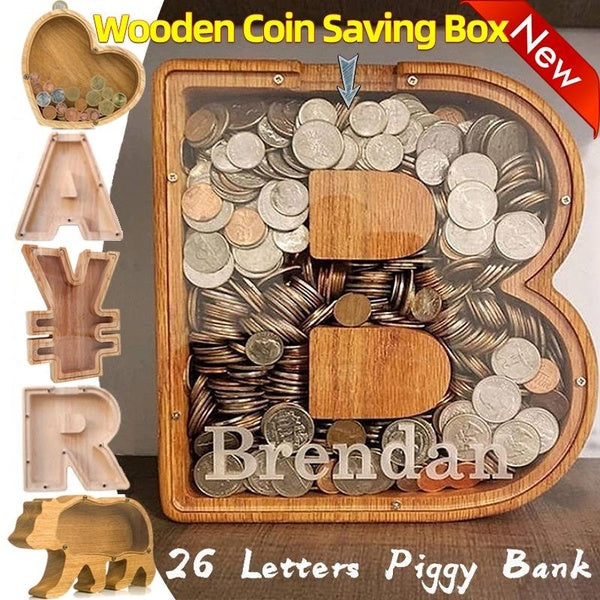 26 lettres en bois tirelire animaux pièce de monnaie boîte d'économie d'argent avec nom autocollant personnalisé pot pièces de monnaie boîte de range