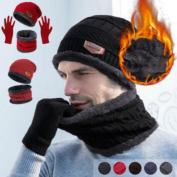 3 IN 1 Winter Knit Beanies Hat and Warm Scarves and Touch Screen Gloves for Men Women Windproof Warm Fleece Cap Cycling Equipment