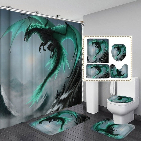 1pc-3pcs-4PCS Flying Dragon Waterproof Bathroom Shower Curtain with 12 Hooks Toilet Cover Bath Mat Non-Slip Rug Set