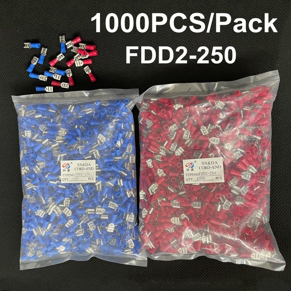 1000PCS-Pack FDD2-250 FDD Female Insulated Electrical Crimp Terminal for 1.5-2.5mm2 Cable Connectors Cable Connector