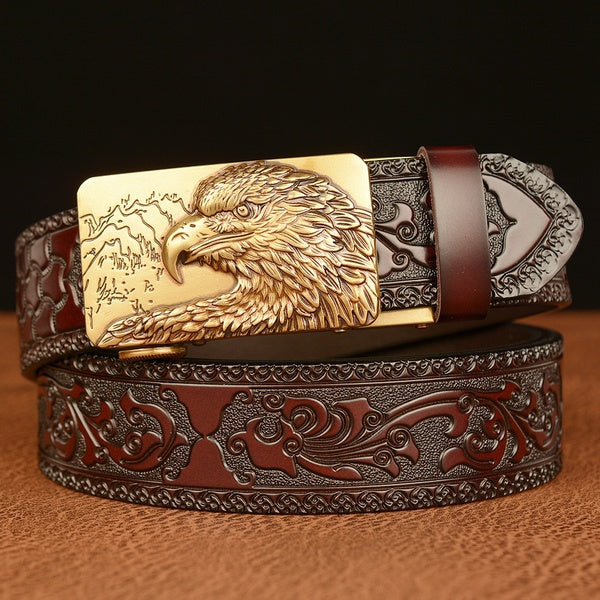 Fashion Genuine Leather Men Jeans Belt Golden Eagle Buckle Belt American Style Cowboy Waistband Rachet Dress belt