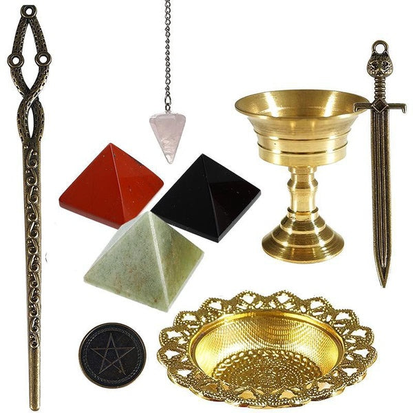 9Pcs-Set Crystals and Healing Stones Fortune Telling Toys Set, Energy Crystal Pyramids Rose Quartz Crystal Conical Pendant Pendulum Sword Grail Set F