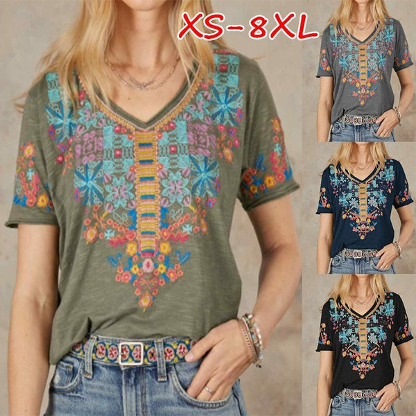 XS-8XL Women's Fashion Summer Clothes Casual V-neck Short Sleeved Tops Ladies Bohemian Floral Printed Blouses Loose T-shirts Plus Size Cotton Shirts