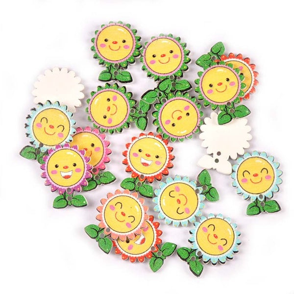 25pcs 23x28mm Mix Tournesol Motif Boutons En Bois Pour Vêtements À Coudre Bouton Décoratif Scrapbook DIY Artisanat Fournitures 15mm MT2608