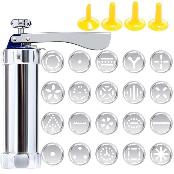 Presse à biscuits en acier inoxydable Biscuit Press Cookie Gun Set avec 20 disques et 4 embouts de glaçage pour bricolage Biscuit Maker et décoration