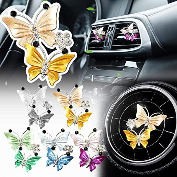 Double Butterfly Bling Car Accessories for Women, Butterfly Car Perfume Clip, Car Air Conditioner Vents Air Freshener Crystal Rhinestone Aromatherapy