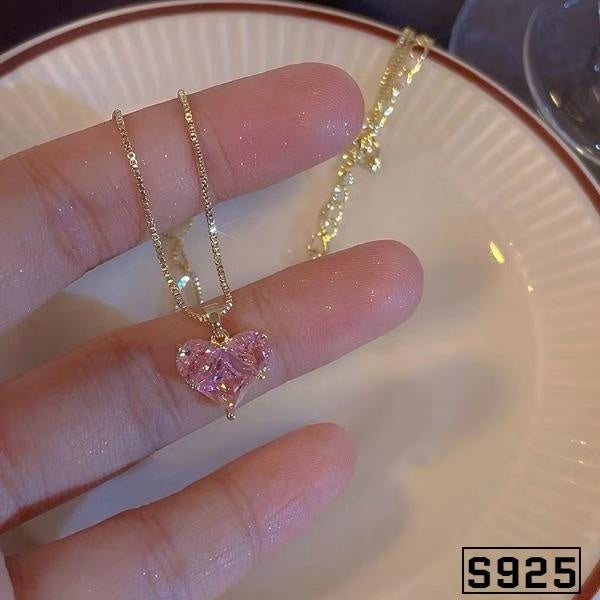 Luxury 925 Sterling Silver Chain Pink Love Heart Zircon Pendant Necklace for Women's Fashion Jewelry Accessories Gift Matron Inn