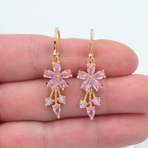 Boucles d'oreilles pendantes en forme de fleur avec zircon cubique rose pour femme