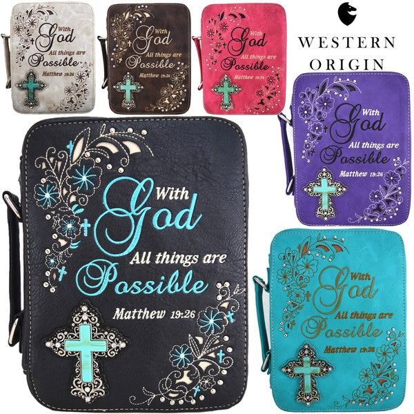 Western Style Embroidered Floral Scripture Verse Cross Studded Leather Bible Cover Book Carrying Case Women Extra Strap Purse Messenger Bag