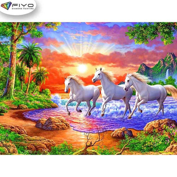 FIYO White Horse Diamond Painting Kits For Adults DIY 5D Diamond Mosaic Diamond Painting Home and Kitchen Fashion Canvas Pictures Wall Decoration Gif