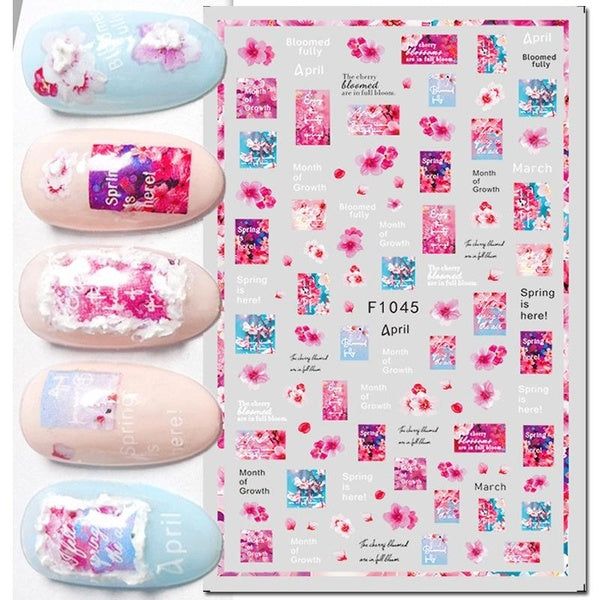 3d Nail Art Decals Pink Blooming Cherry Flowers Letters Adhesive Sliders Nail Stickers Decoration For Nail Tips Beauty