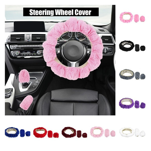 1 Set Fluffy Car Steering Wheel Cover Fit for 15 Inch Soft Fluffy Handbrake Cover Gear Shift Boot Cover Universal Short Hair Black-White-Pink-Red-Pur