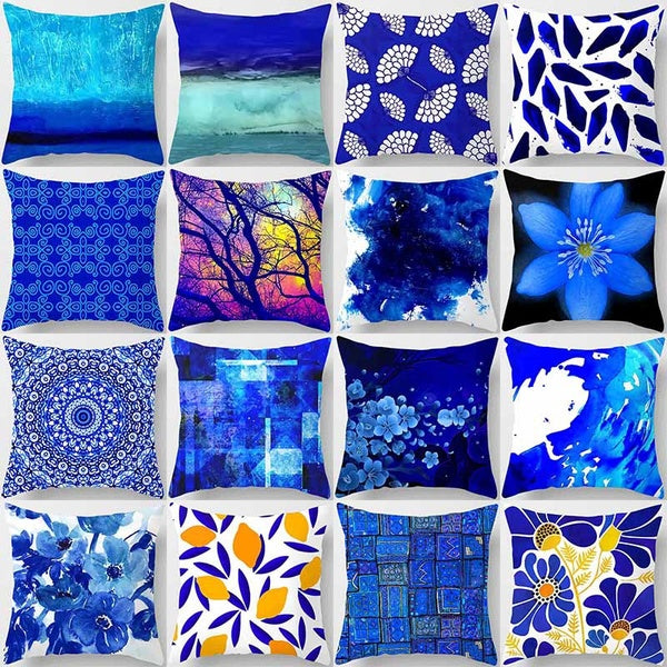 Blue tone printed square pillowcase, used for home decoration, car sofa cushion cover(45cm * 45cm)