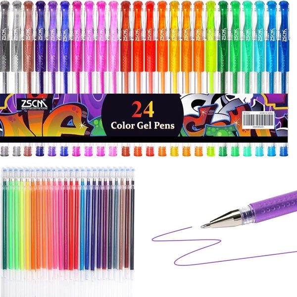 Glitter Gel Pens, 48 Pack Colored Gel Pens Set Include 24 Colors Gel Marker Pen, 24 Refills, Glitter Pens with 40% More Ink, Writing instruments for