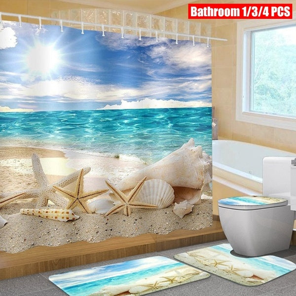 1-3-4Pcs Bathroom Decor Washroom Beach Seashell Shower Curtain Anti-Slip Toilet Mats Set Waterproof Shower Curtain Bathroom Set Pedestal Rugs Lid Toi