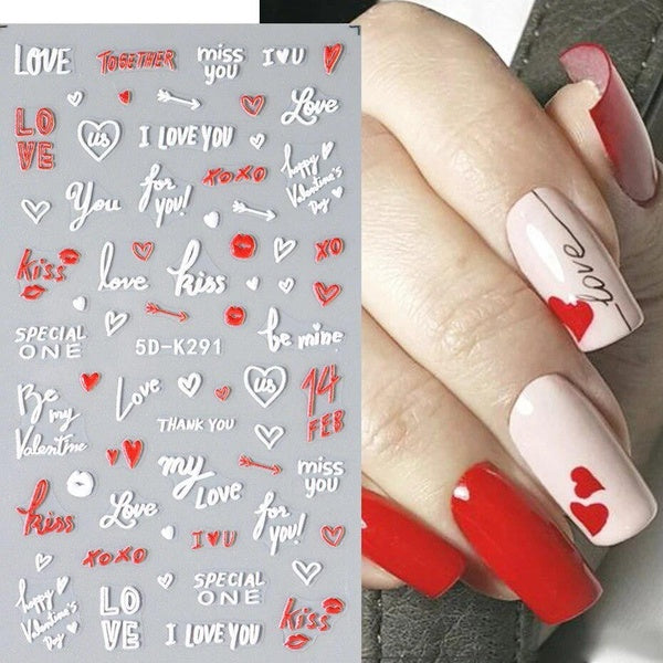 Love Heart 5D Stickers For Nails Valentines Day Cartoon English Letter Nail Sliders DIY Manicure Decals Decoration NF5D-K292