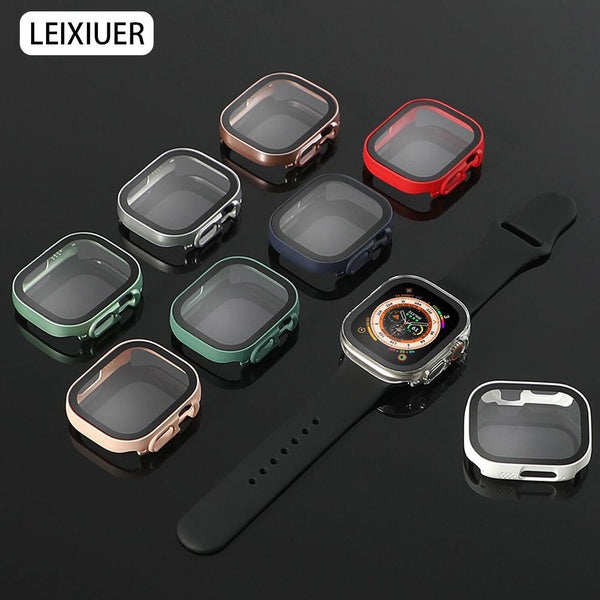LEIXIUER 17 colors Tempered Glass PC Case for Apple Watch Ultra 2-Ultra 49mm 9 8 7 45mm 41mm for iwatch Ultra series 7 8 smartwatch film full all-aro
