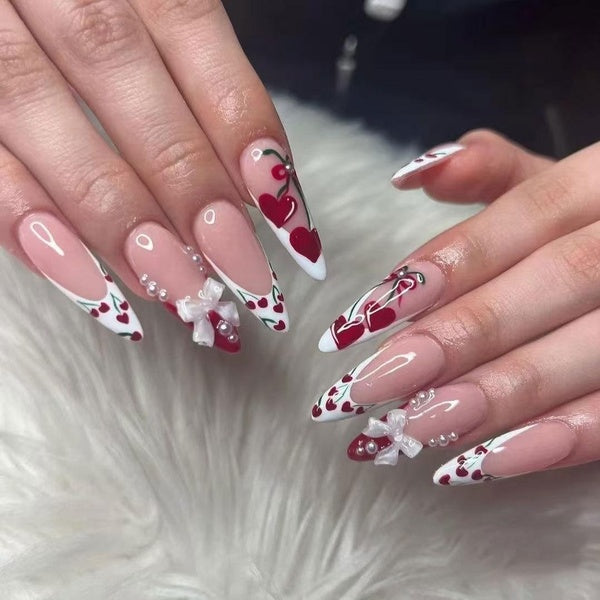 24Pcs French Cherry False Nails 3D Bowknot Pink Fake Nails Almond Nude Color Press on Nails Ballet Leopard Print Designs Nails Art