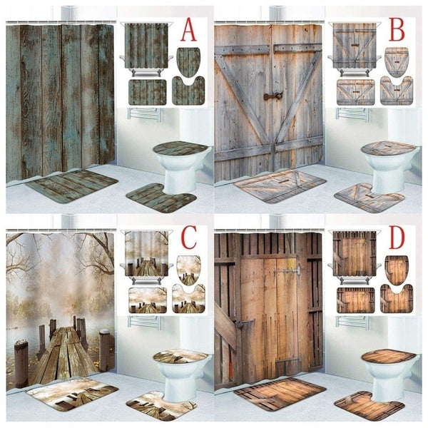 4-3-1Pcs Rustic Barn Door Shower Curtain Set with Non-Slip Rug, Toilet Lid Cover, Bath Mat and 12 Hooks, Vintage Wooden Gate Waterproof Shower Curtai
