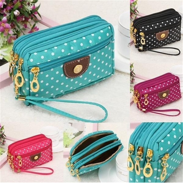 Fashion Women Coin Purse Clutch Wristlet Wallet Bag Multi-layers Polka Dots Phone Key Case Makeup Bag Women Credit Card Holder Tote
