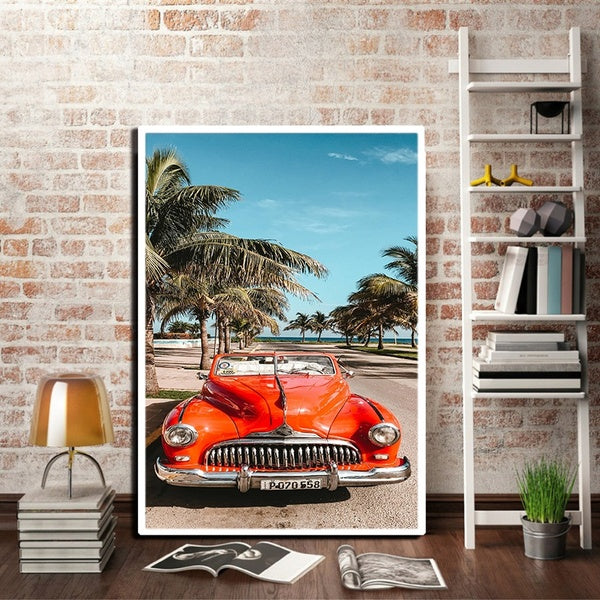 Beach Cuba Landscape Photography Poster Vintage Car Palm Tree Canvas Prints Beach Summer Feeling Wall Art Painting Home Decor