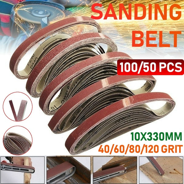 100-50 pièces 10x330mm bande de ponçage pour ponceuse à bande polisseuse 40-60-80-120 grain