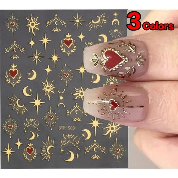 3 Colors 3D Bronzing Nail Stickers Bright Sun Moon Nail Sliders DIY Nail Art Accessories