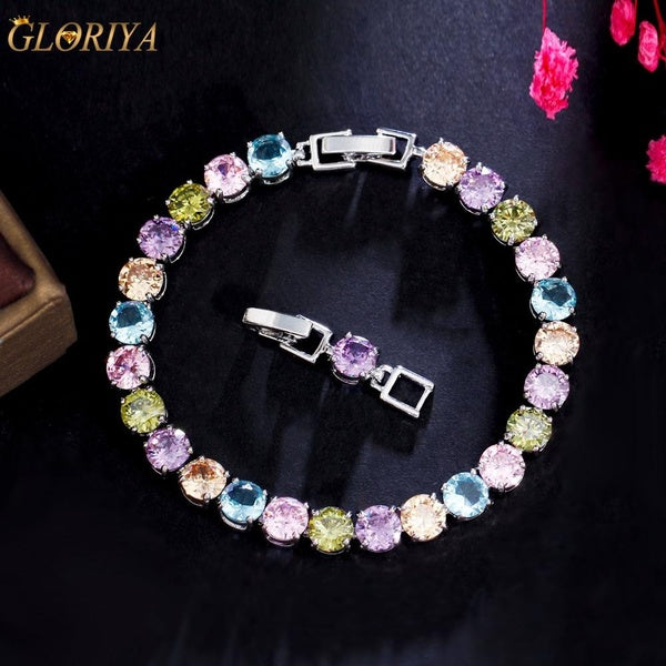 Gloriya Gorgeous Ladies Wrist Jewelry White Gold Plated Pave Setting Round Colorful Crystal Stone Charming Pendant Bracelet Costume Jewellery