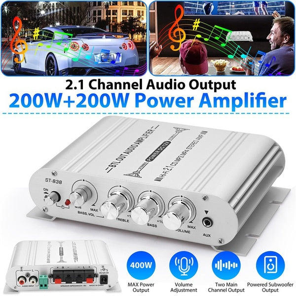 New Upgrade 12V 400W Car Audio Stereo Amplifier 2.1 Channel HiFi Speaker Power Amp System for Car Home Use