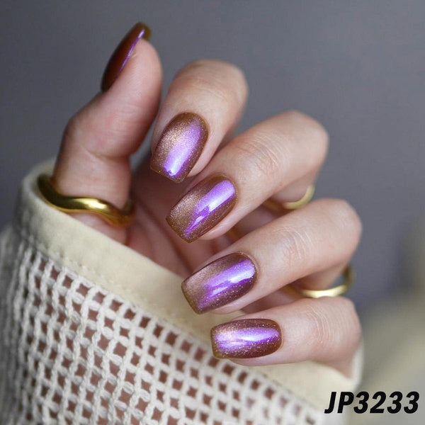 Purple Glitter Powder False Nails Solid Colored Cat Eye Press On Nails French Pink Gradient Fake Nails With Glue for Girls