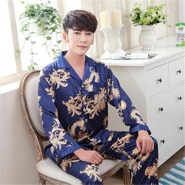 Fashion Men Satin Nightgown Top and Pants 2pcs Soft Silk Casual Pajama Sets Sleepwear
