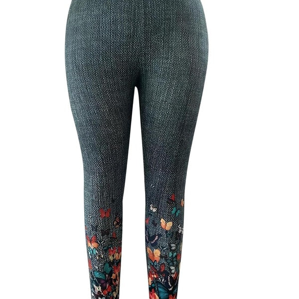 Plus Size Casual Leggings, Women's Plus Butterfly Print Elastic High Rise Slight Stretch Leggings