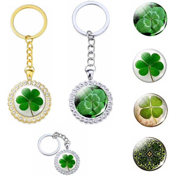 Clover Four Leaf Clover Keychain Glass Cabochon Lucky Flower Crystal Pendant Gold-Silver Car Key Ring Jewelry Accessories Couple Gift Matron Inn