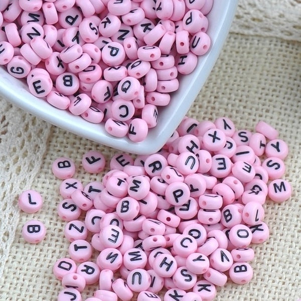 200pcs 4x7mm Pink Beads Randomly Alphabet-Letters Flat Round spacer Beads Charms Jewelry Craft