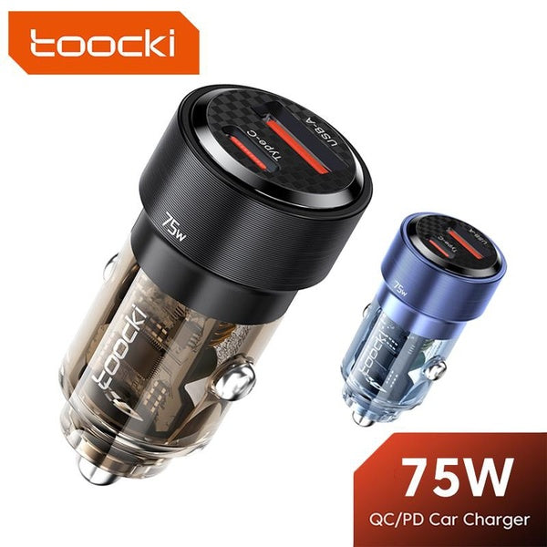 Toocki 75W Transparent USB Type-C Car Charger SCP QC4.0 QC3.0 PD Fast Charging Adapter For iPhone Samsung Huawei Xiaomi Mobile Phones Laptops Tablets