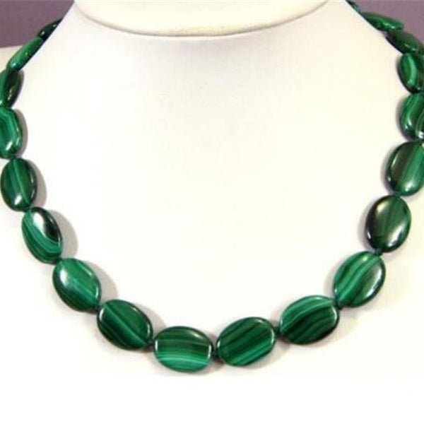 beau collier de perles de pierres précieuses ovales plates 13x18mm vert malachite 18 "