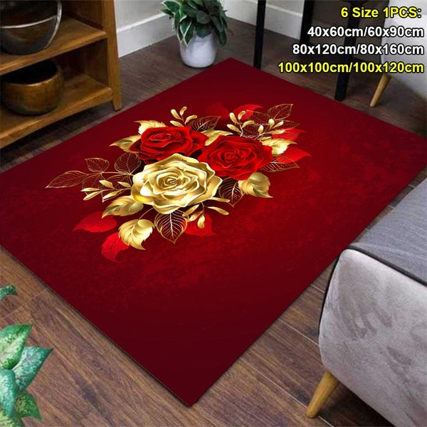 3D Gold Red Rose Pattern Carpet Living Room Bedroom Carpet Children's Cloakroom Pet Carpet Kitchen Rugs Bathroom Rug Tent Mat Floor Non Slip Home Dec
