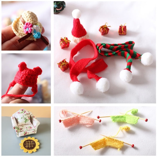 Dollhouse 1:12 Mini Christmas Hat & Scarf-Wool Knitted Hat-Sunflower Carpet-Knitting Sweater Model Creative Doll House Accessories