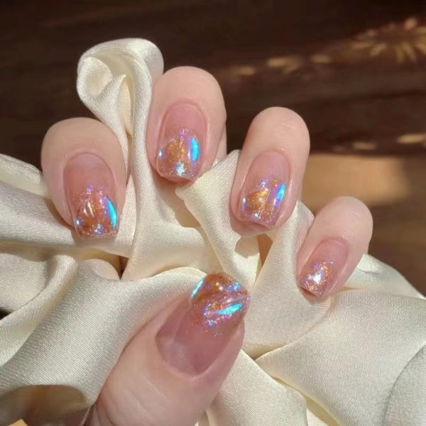 Aurora Glossy Nude Press on Nails with Design, Gradient Pink Fake Nails with Rhinestones Medium Length Square Acrylic Nail Tips Nail Art Design Manic