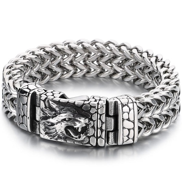 Cool Punk Chinese Loong Dragon Head Bracelet for Men 16MM Width Double Layer Square Franco Chain Bracelets Men's Male Jewellery