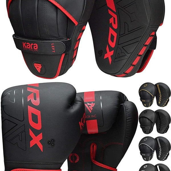 RDX Boxing Pads and Gloves Set, Maya Hide Leather KARA Hook and Jab Curved Focus Mitts with Punching Gloves for MMA, Muay Thai, Kickboxing Coaching,