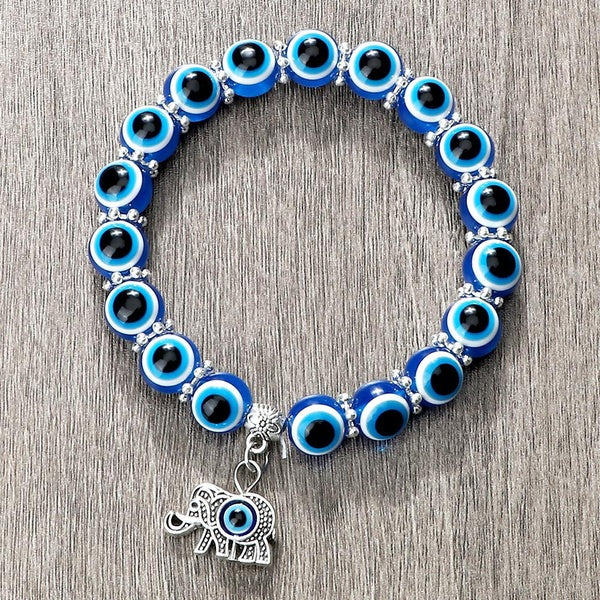Hibou Éléphant Pendentif Bleu Mauvais Œil Perlé Bracelet 8-10mm Perles Porte-Bonheur Élastique À La Main Bracelets De Charme & Bracelets Hommes Femme