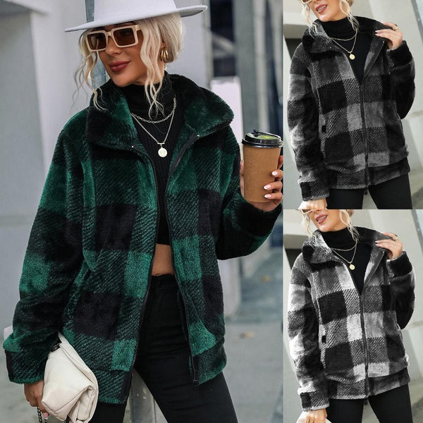 Women Fleece Plaid Coat Warm Sweater Long Sleeve Zipper Jackets Winter Lapel Outerwear