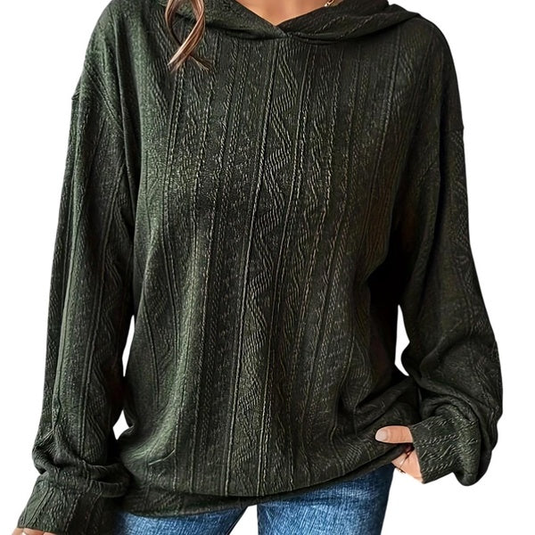 Plus Size Casual Sweatshirt, Women's Plus Solid Textured Long Sleeve Drop Shoulder Slight Stretch Hoodie