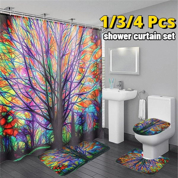 Colorful Tree of Life Bathroom Set Beautifully Printed Waterproof Shower Curtain Anti-Slip Absorbent Floor Mat Toilet Cover Set (1-3-4 Pcs)
