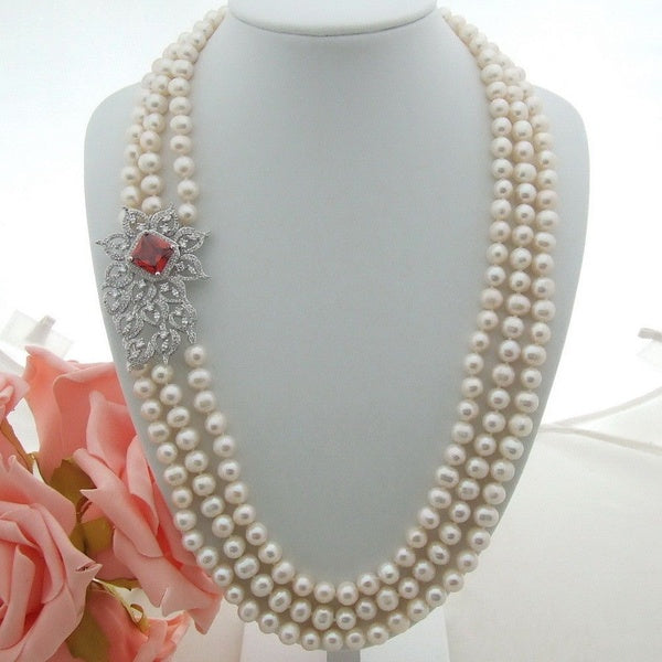 Charming 3 rows 7-8mm white freshwater cultured pearl micro inlay zircon accessories flower connector sweater necklace long 54-60 cm