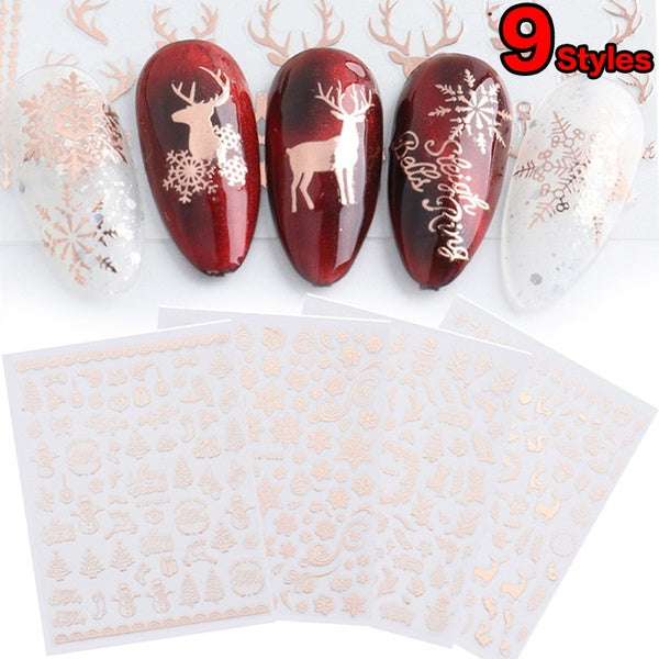 9 Styles 5D Nail Stickers Shiny Rose Gold Christmas Design Nail Polish Sliders Holographics Snowflake Nail Art Decor Decals