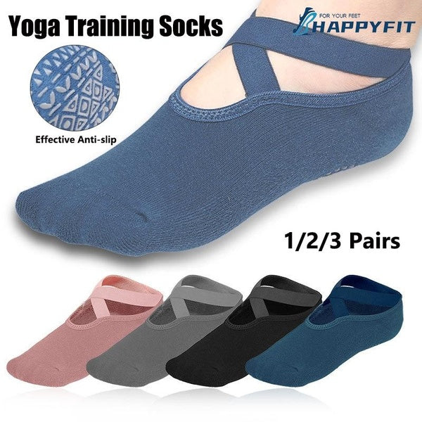 HAPPYFIT Women's Yoga Socks, Non Slip Cross Strap Sports Socks with Extra Grips In Yoga Ballet Barre Pilates ( 1-2-3 Pairs )