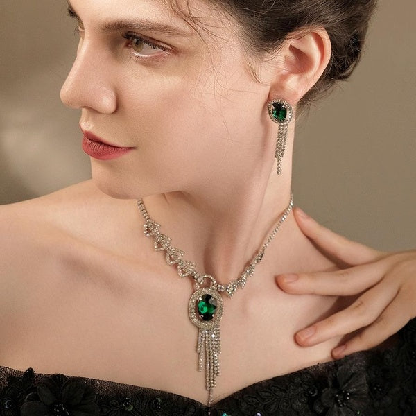 Women's Emerald Rhinestone Zircon Wedding Necklace Earrings Set Bride Bridesmaids 2-Piece Rhinestone Choker Dangle Earrings Jewelry Set